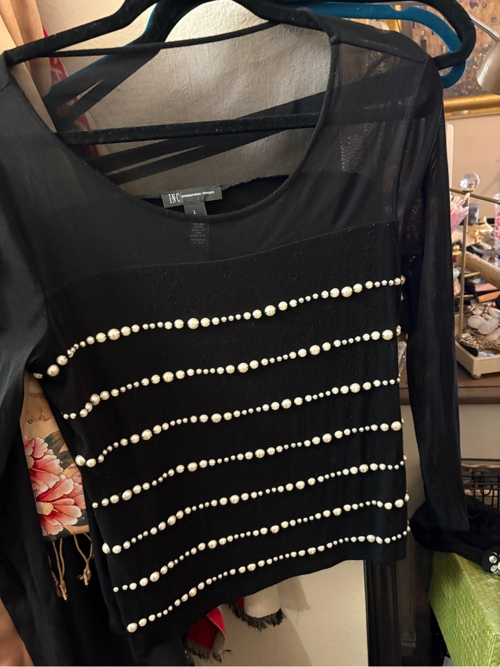 INC International Concepts Black Pearl-Embellished Sheer Top